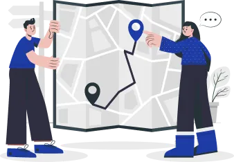 Two people finding an office location on a map