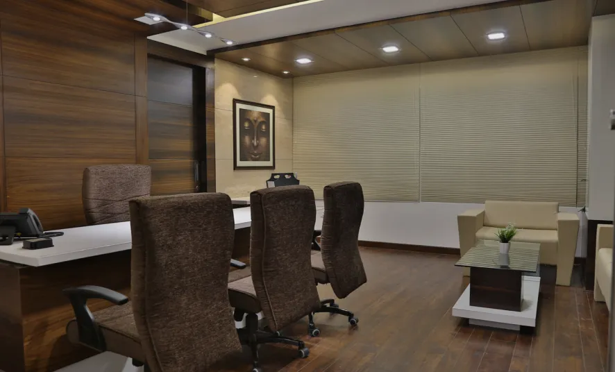 Wide view of the executive office and its seating area