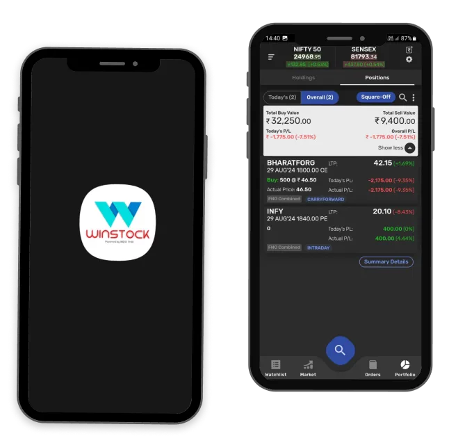 WINSTOCK login and market watch screens on two phones